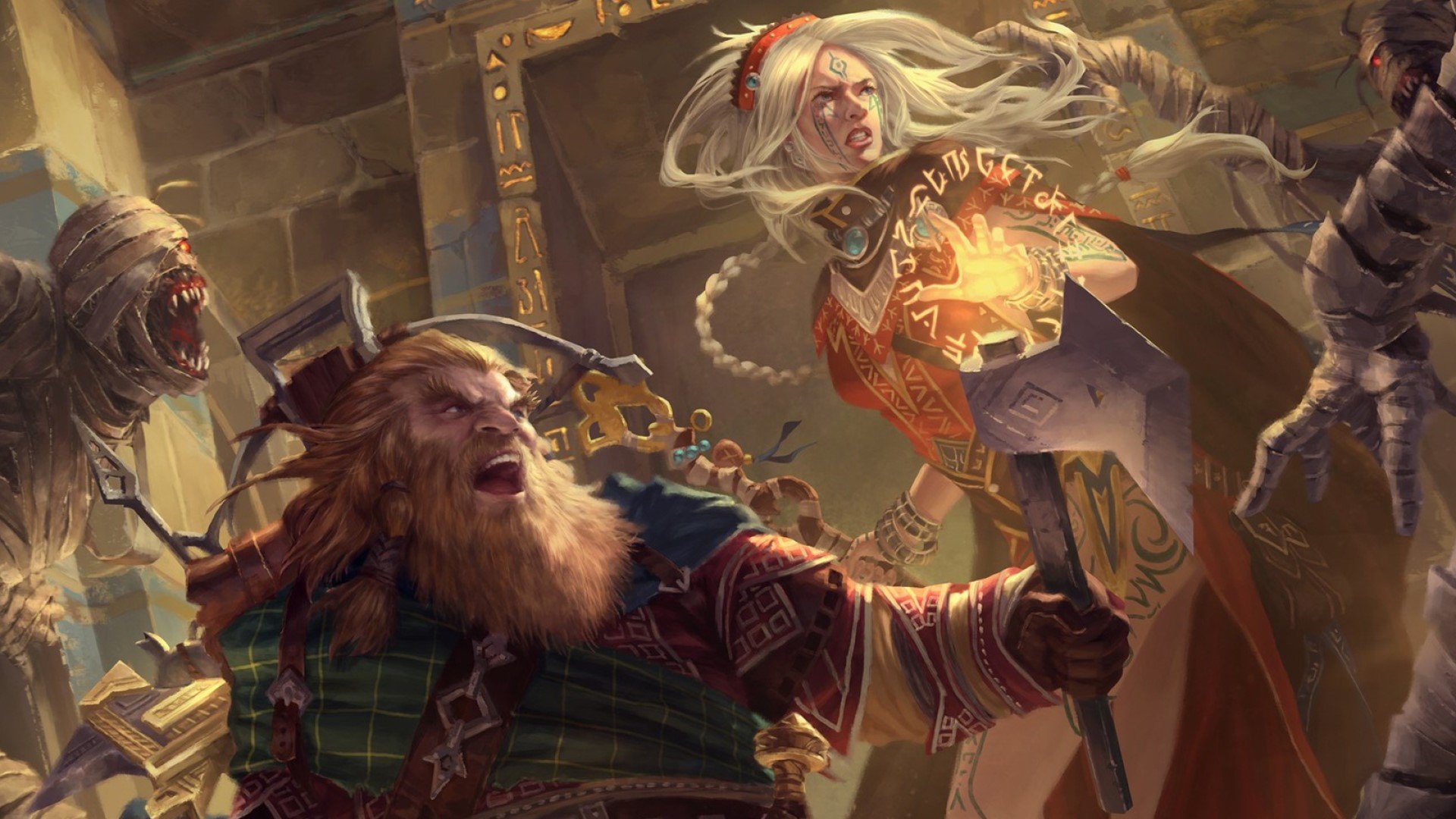 A dwarf in an elf in a dark tunnel surrounded my monstrous mummies.